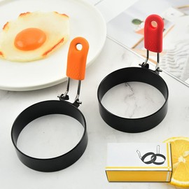Ceeyoll Pack of 2 Pancake Mould Egg Ring Non-Stick Stainless Steel with Folding Handles and Oil Brush Fried Egg Mould for Fried Eggs Sandwiches Meatloaf Fried Egg Moulds