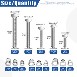 Glarks 80pcs M6 M8 M10 Carriage Bolts Screws, Round Head Square Neck Bolts, Square Neck Carriage Bolts Screws with Nuts and Washers for Machinery Industry