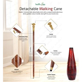 HealthAndYoga™ Detachable Walking Cane for Men Women - Solid Wood Lightweight Walking Stick - Stylish Derby Brass Handle (Round Grip)