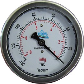 PRM 2.5 Inch Vacuum Gauge, 0 to -140"WC/0 to -10inHg, Stainless Steel Case,1/4"NPT Brass Back Mount, Liquid Filled