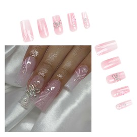 Long French Tip Press on Nails Square Pink 3D Fake Nails Bling Nails Tips Full Cover False Nails Artificial Reusable Nails Acrylic Stick on Nails for Women and Girls 24PCS
