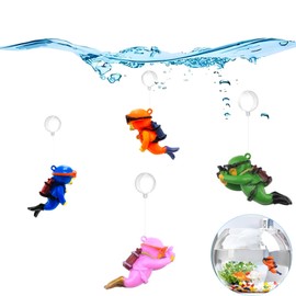Checkzed 4 Pack Floating Fish Tank Decorations, Cute Diver Aquarium Accessories with Floating Device, Betta Fish Tank Decor, Safe Resin Ornaments for All Aquariums (4 Colors)
