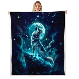 Feelyou Wolf Sherpa Blanket Throw 50"x60" Moon Wolf Fleece Throw Blanket for Bed Sofa Couch Wolves Howling Plush Blanket Animal Wolves Fuzzy Blanket