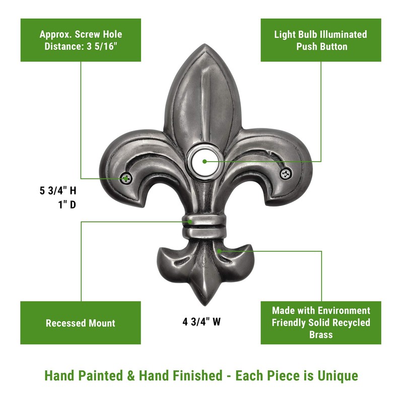 Waterwood Solid Brass Medium Fleur De Lis Doorbell in Pewter