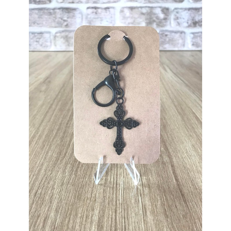 LARGE KEYRING - Cross - Black Plated. Split Ring And