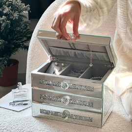 joyshiny Mirrored Jewelry Box for Women Girls, 3-Layer 2 Drawers Glass Jewerly Organizer Box with Lid for Necklace Ring Earring, Silver Crushed Diamond Home Decor,Gift Idea(9.3" L x 6.3" W x 7.1" H)