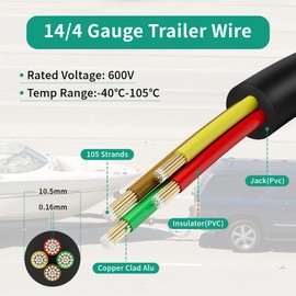 HiFind 14 AWG 4-Conductor Trailer Wire Cable 50 Ft, 4 Way Color Coded Stranded CCA Electrical Low Voltage Extension Towing Wiring Harness, Easy-Peel PVC for RV LED Light Marine, Automotive,Outdoor Use