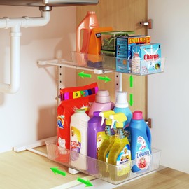 REALINN Under Sink Organizer, Height Adjustable Under Sink Organizers and Storage, 2 Tier Pull Out Drawer Cabinet Storage for Kitchen Bathroom, 1 Pack, Clear