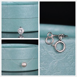 Yumilok Jewelry 925 Sterling Silver Cubic Zirconia Pearl 2pcs Creative Fish Wire Invisible Pendant Necklace Set for Women/Girls