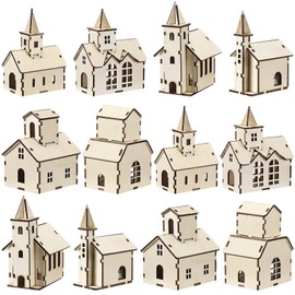 Hiboom 12 Pcs DIY Christmas Village Sets Wood Rustic Church Christmas Mini Wooden House Gift for Winter Xmas Party Crafts Decorations