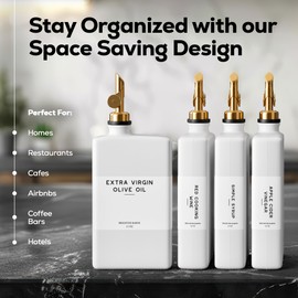 White Glass Olive Oil Dispenser Bottle for Kitchen by Brighter Barns - Avocado Oil Dispenser Set, Vanilla Syrup Bottle - Modern Decor, Gold Kitchen Accessories for Home, Airbnb, Cafe (White, Set of 2)