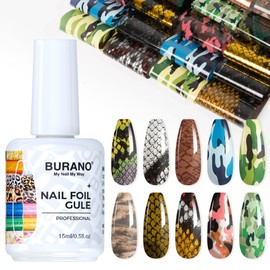 BURANO Nail Art Nail Foil Glue Gel, 15 ML 1 Bottle Foil Transfer Gel with 10PCS Foil Stickers, UV LED Lamp Required Nail Design Nail Foils Glue for Nails (Snake 25)