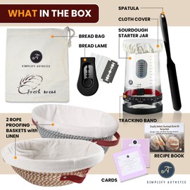 Sourdough Starter Kit with 35oz Jar, 2 Cotton Rope Proofing Baskets (9" round & 10" oval), Recipe Book,Thermometer, Bread Lame, Silicone Spatula & Bread Bag - Complete Sourdough Baking Supplies &Tools
