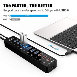 Powered USB 3.0 Hub, USB 3.0 Data Hub 11 Ports - 7 USB 3.0 Data Ports + 4 Smart Charging Port with Individual On/Off Switches and 12V/4A Power Adapter USB Hub 3.0 Splitter
