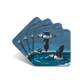 Puffins Flying Drinks Coasters by Wildlife Artist Julian Friers - Set of 4 Puffin Coasters - Non-Slip, Cork Table Coasters