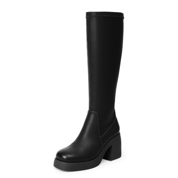 Easyfox Tall Black Boots Knee High Boots Square Toe Long