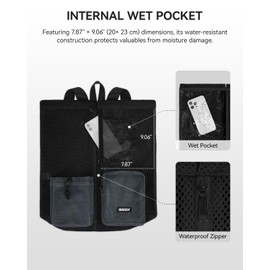 WANDF Swim Mesh Beach Bag Drawstring Backpack for Swimming Gym and Workout Gear with Wet Pocket Large Pool Bag (Black)