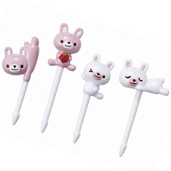 Torune 8 Cute Food Picks with Pink and White Rabbits with Strawberries, 8 Pieces, 4 Designs,