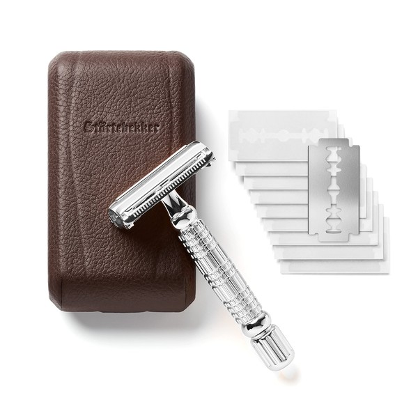 Störtebekker ® Premium Safety Razor in Handmade Leather Case, Set with 10 Razor Blades, Travel Case and Built-in Mirror, Vintage Style with 2-Sided Blade Head Silver - Café