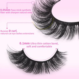 False Eyelashes D Curl Faux Mink Lashes Fluffy Fake Lashes Extensions Wispy Lash Soft Russian Strip Eyelashes Pack, 14 Pairs