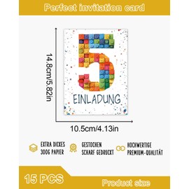 JUKOTA 15 x Building Blocks Invitation Cards – DIN A6 – Original – with Stickers, Blocks Invitation Cards Children's Birthday Girl Boy, Birthday Invitations, Party Decoration, Invitation First Day of