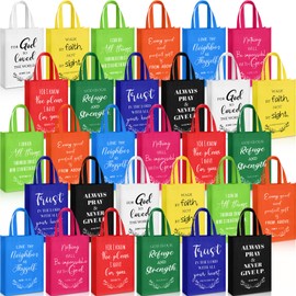 Paterr 30 Pack Easter Christian Gift Bags Bulk 14 x 10 Inch Reusable Bible Verse Non Woven Tote Bags with Handle Multi Color Inspirational Handbag for Church Welcome Holy Week Easter First Communion