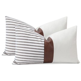 JOTOM Set of 2 Modern Faux Leather Striped Patchwork Cushion Covers 30x50 cm Farmhouse Decorative Throw Pillow Covers Lumbar Pillowcase for Sofa Bedroom Couch Home Decor 12x20 Inch (Stripe Coffee)