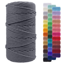 LEREATI Macrame Cord 5mm x 100m, Thick Macrame Rope Yarn Natural Cotton Cord, 4 Strand Twisted Colored Macrame String for Wall Hanging Plant Hanger DIY Crafts Boho Decor (Grey)
