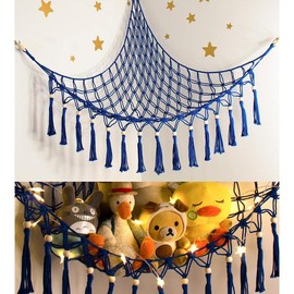 Stuffed Animal Toy Storage Hammock with LED Light - Macrame Jumbo Doll Corner Stuff Animals Organizer Decorations - Cute Hanging Plushie Net  Nursery Bedroom Room Decor Wall Boho - Color: blue, Size: L (39.5"*39.5"*48")