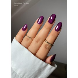 AutyaMee Semi Cured Gel Nail Strips (Deep Plum Cat Eye)-20 PCS Dark Purple Gel Nail Stickers | Gel Nail Wraps | UV Light Required, Salon Quality & Easy to Use