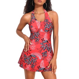 Hilor Underwire Swimsuit for Women Push Up Swim Dress Skirted Swimwear Slimming One Piece Bathing Suit Dress Red&White Floral 12