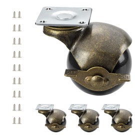 JGJC 2" Antique Brass Caster Wheels with Brake 4-Pack, 18 Screws (2 Extra) Solid Ball Casters Set of 4 Heavy Duty | Swivel Plate Vintage Castor Wheels for Furniture | Smooth Roll Over Floor & Carpet