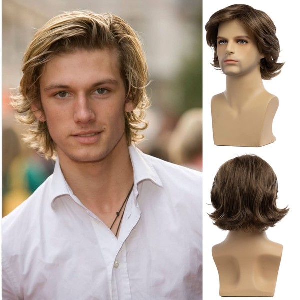 Light Brown Wig for Men Short Natural Layered Fluffy Wig