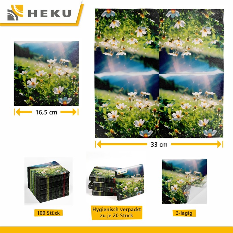 HEKU 100 napkins, 3-ply, 33 x 33 cm, mountain meadow,