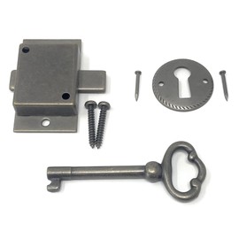 Metal Magery Small Antique Brass Flush Mount Lock for Curio Cabinet Doors or Dresser Drawers & Skeleton Key