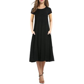 Necooer Women's Casual Summer Dress Loose Long Dress Short Sleeve Plain Pleated Midi Dresses with Pocket for Women (XXL, B-Black)