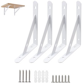 Pack of 4 Shelf Brackets White Metal 200 mm Shelf Brackets with Screws Angle Shelf Bracket 90 Degree Heavy Duty Console Shelf Brackets for Wall Mounting, Bookshelves, Garden, Kitchen, Bathroom (Load