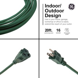 GE Outdoor Extension Cord, Long Heavy Duty Power Cord, 13 Amp 20 Ft 16AWG 3 Prong Extension Cord Outdoor, ETL Listed, Green, 81599