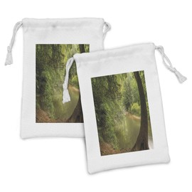 Lunarable Nature Fabric Pouch Set of 2, Enchanted Forest View with Trees Growth Eco Greenland Summer Serene Landscape, Small Drawstring Bag for Toiletries Masks and Favors, 9" x 6", Olive Green Brown