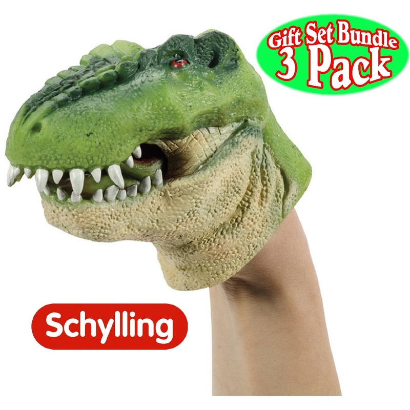Schylling Dinosaur (T-Rex) Stretchy Hand Puppets Green, Brown & Red