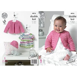 King Cole Baby Double Knit Crochet Pattern Lace Effect Dress Cardigan & Hat Cherished DK (4416)