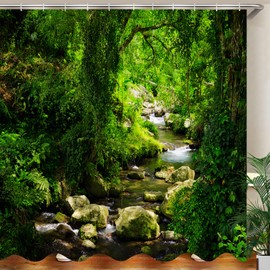 JOOCAR Shower Curtain, Green Nature Forest Jungle Tropical Rainforest Woodland Stream Flowing Mossy Rocks Summer Landscape Scenery, Waterproof Cloth Fabric Bathroom Decor Set with Hooks, 180x200cm