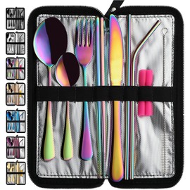 VANDBAO Camping Utensils Set, Portable Travel Utensils with Case for Fixing Tableware, Reusable Stainless Steel Stable Cutlery Set, Lunch Picnic Flatware Silverware (Rainbow Set)