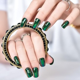 LINSSQ Green Chrome Press on Nails,Medium Short Squoval False Nails,Beauty Metallic Mirror Manicure Reusable UV Gel Fake Finger Nail Art for Daily Office Party