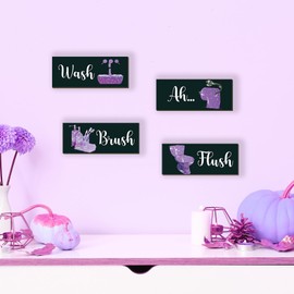 FENCORDAR 4 Pcs Purple Bathroom Decor Funny Purple And Black Wall Art Wooden Bathroom Accessories Modern Glitter Sign for Home Toilet(10x4 Inch)