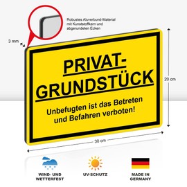 STROBO Privatgrundstück Sign, 30 x 20 cm, 3 mm Aluminium Dibond, Stable Aluminium Composite Panel, Unfugten ist das Enterreten und Befahren Sign with UV Protection