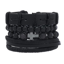 EGOINA Punk Leather Bracelet for Men Leather 8-10 PCS Braided Cuff Bracelet Wooden Beads Skull Metal Leather Bracelet