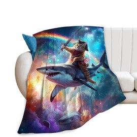 Funny Cat Blanket Fleece Soft Warm Plush Cat Shark Space Galaxy Throw Blanket Lightweight Plush Fuzzy Cozy Cat Kitten Blanket for Boys Girls Kids Adult Suitable for Couch Sofa Bed 50"X40"