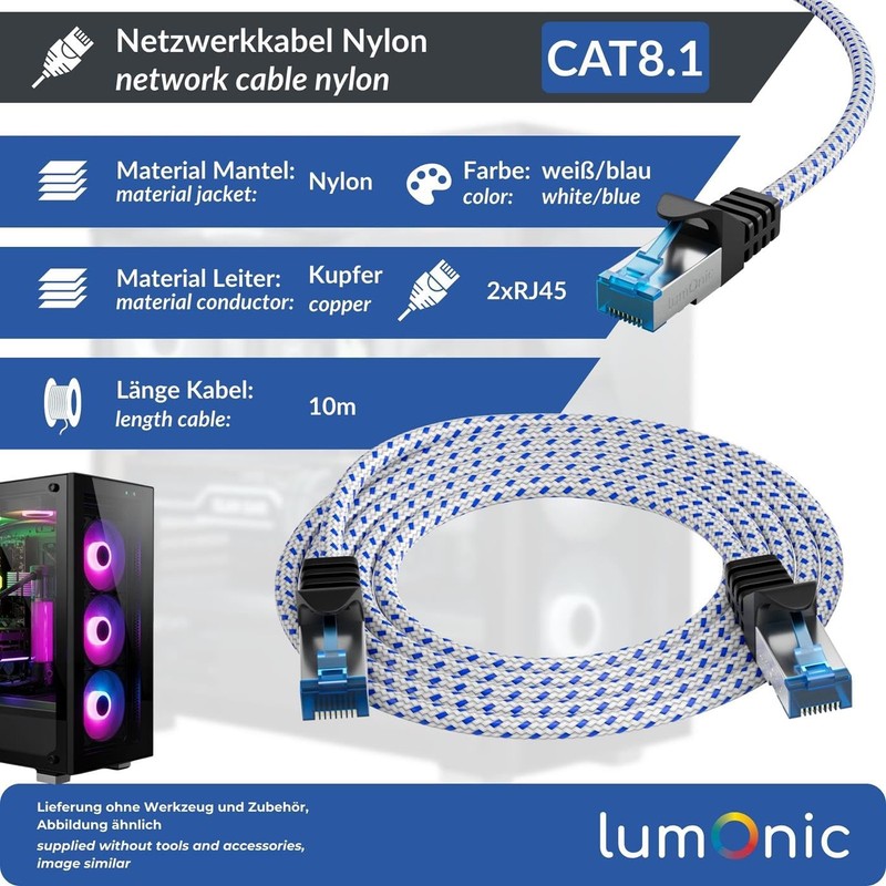 Lumonic CAT8.1 Patchkabel S/FTP 10m | RJ45 | Weiß Blau