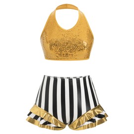 ODASDO Women Trapeze Artist Fancy Dress Circus Costume, Shiny Sequin Halter Neck Crop Top High Waist Stripes Ruffle Shorts Set Dance Outfit for Gymnastic Talent Show Stage Performace Golden S